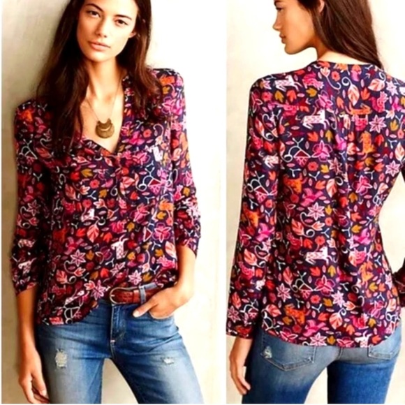 Anthropologie Maeve Moonflower Henley Top Blouse Size 4 - Picture 1 of 6